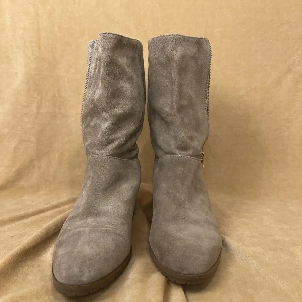 Michael Kors Tan Suede Booties With Peek A Boo Snake Skin Gold Zipper Sz 10 - Picture 6 of 9